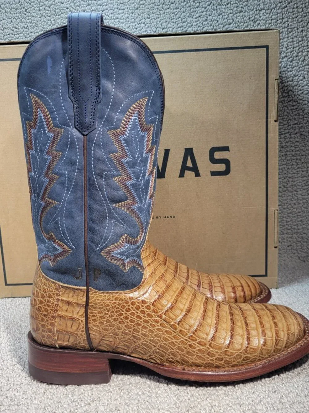 Tecovas The William Men's US Size 8.5D Toffee Navy Caiman Cowboy Boots